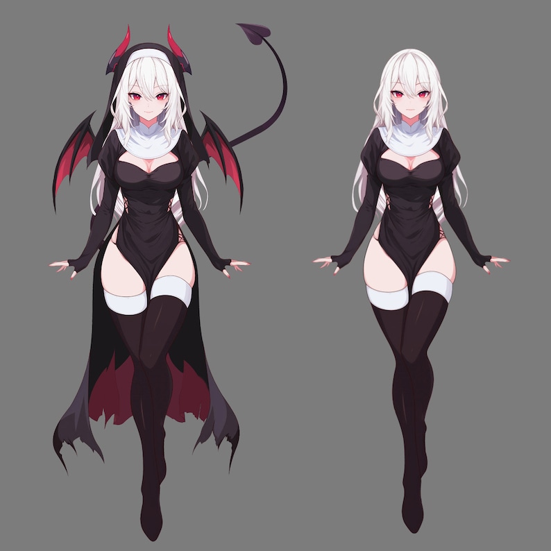 May include: Two illustrations of a woman with long white hair wearing a black nun's habit with a red trim and a white collar. One illustration has a red devil tail and horns.