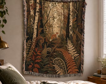 Vävd filt, pläd med skogsräv, dekorativ väggtapet, Cottagecore Forest Decor