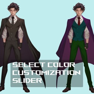 Puede incluir: Dos ilustraciones de una persona que lleva un traje y una capa. La persona de la izquierda lleva un traje negro y una capa negra. La persona de la derecha lleva un traje verde, un chaleco verde, una capa morada y una corbata roja. El texto "SELECT COLOR CUSTOMIZATION SLIDER" est&aacute; debajo de las ilustraciones.