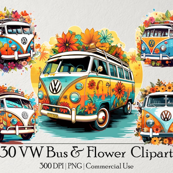 Lot de 30 cliparts bus et fleurs VW, sublimation, journal indésirable, usage commercial, téléchargement immédiat, autocollants, éphémères, art vectoriel coloré mignon