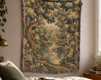 French Verdure Woven Blanket with Swan Lake in Vintage Ornamental Pastoral Style