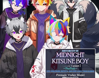 Midnight Kitsune Boy Vtuber Model With More Outfits, Premade Live2D Rigged Fox Vtuber Model,PNGTuber,Cute,Cat,Wolf,Chibi,Free Commercial Use