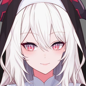 May include: A close-up of a woman's face with white hair and red eyes. She is wearing a white collar and a black and red hooded garment.