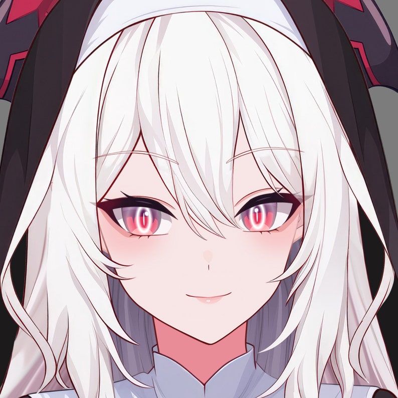 May include: A close-up of a woman's face with white hair and red eyes. She is wearing a white collar and a black and red hooded garment.