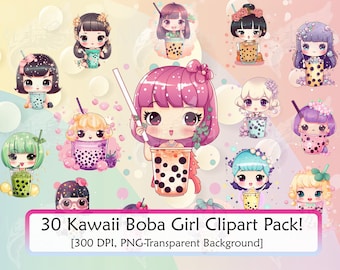 30 Kawaii Boba Tea Girl Clipart: PNG Graphics (Digital Download)
