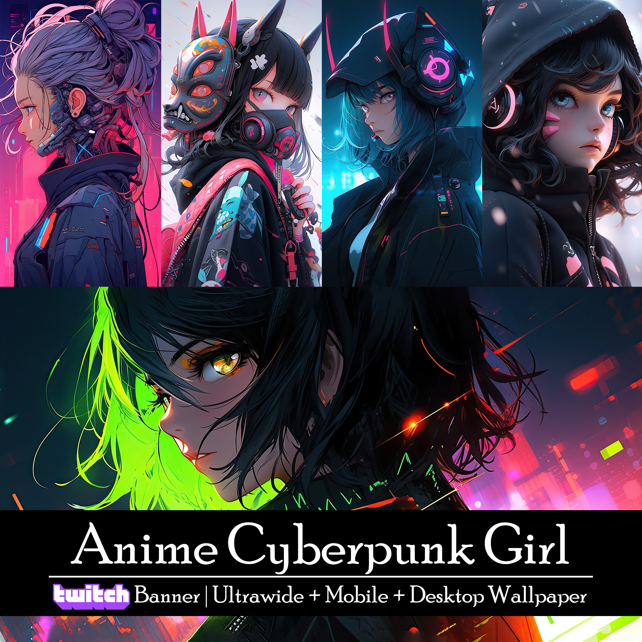 24 Anime Cyberpunk Girl Wallpaper Bundle Twitch Streaming 