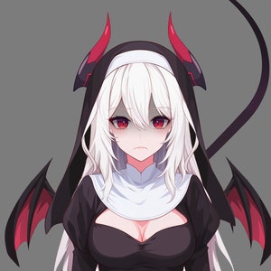 May include: An anime character with white hair and red eyes, wearing a black and white nun's habit with a black dress underneath. The character has black wings and a black tail.