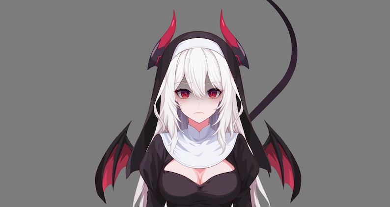 May include: An anime character with white hair and red eyes, wearing a black and white nun's habit with a black dress underneath. The character has black wings and a black tail.