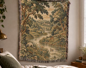French Verdure Woven Blanket Tapestry with Pastoral Woodland Animals in Vintage Ornamental Style