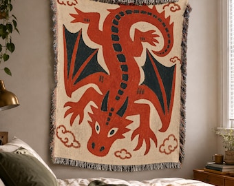 Dragon Woven Blanket, Folk Cottagecore, Fantasy Wall Tapestry, Boho Throw, Modern Bed Decor