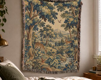 French Verdure Woven Blanket with Woodland Animals in Vintage Ornamental European Tapestry Style