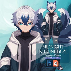 May include: Digital illustration of a character with white and blue hair, blue eyes, and fox-like ears and tail. The character wears a black turtleneck and a navy and white hooded jacket. Text on the image reads "MIDNIGHT KITSUNE BOY" and "Premade Vtuber + Model Editing Files."