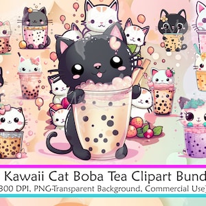 25 Kawaii Cat Boba Tea Clipart, Kawaii Cute Tea Clipart, Cute Boba Tea PNG, Kawaii Cat PNG Bundle , Kawaii Cat Clipart PNG,