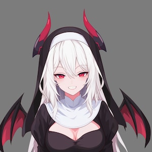 May include: An anime character with white hair and red eyes is wearing a black and white nun's habit with red wings.