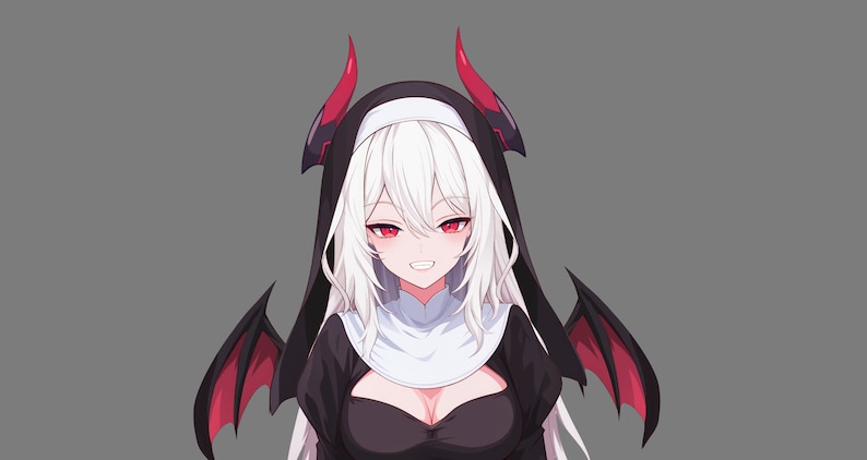May include: An anime character with white hair and red eyes is wearing a black and white nun's habit with red wings.
