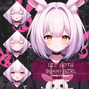 May include: A digital illustration of a cartoon character with purple hair and bunny ears. The character is wearing a black hoodie with a white bunny skull and the text "Lil' Goth Bunny Girl PNGTuber".