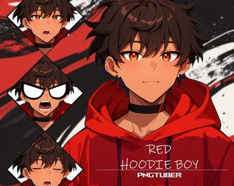 May include: A digital illustration of a young person with brown hair wearing a red hoodie. The person has a light brown complexion and red eyes. The text "RED HOODIE BOY PNGTUBER" is at the bottom of the image.