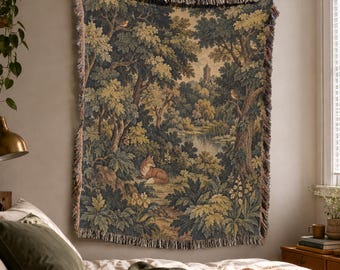 French Verdure Woven Blanket with Woodland Fox in Vintage European Tapestry Style