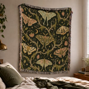 Moth Woven Blanket, Moody Cottagecore, Botanical Wall Tapestry, Boho Throw, Witchy Aesthetic, Whimsigoth Decor
