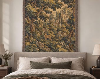 French Verdure Woven Blanket with Medieval Woodland Deer in Vintage European Tapestry Style