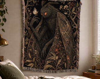 Mothman Woven Blanket, Folklore Cottagecore, Cryptid Wall Tapestry, Boho Throw, Mystery Decor