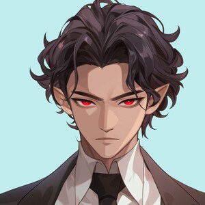 Puede incluir: Un hombre con cabello oscuro y ojos rojos que lleva un traje negro, una camisa blanca y una corbata negra.