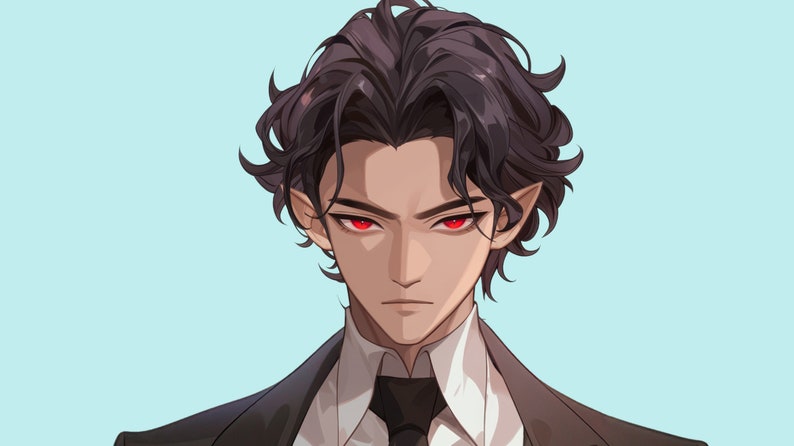 Puede incluir: Un hombre con cabello oscuro y ojos rojos que lleva un traje negro, una camisa blanca y una corbata negra.