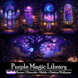 30 Violette Magie Bibliothek Wallpaper Bundle, Twitch Streamer Banner, Ultraweitwinkel, Hintergrund für Handy und Desktop, Sofort Download, Studio Ghibli