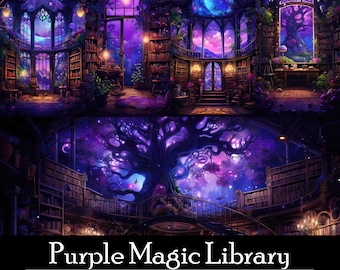 30 Purple Magic Library Wallpaper Bundle, Twitch Streaming Banner, Ultrawide, Mobile And Desktop Background, Instant Download, Studio Ghibli