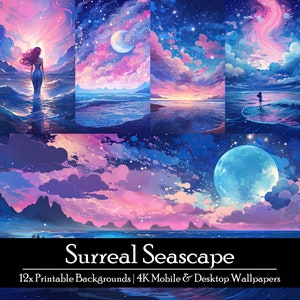 Könnte beinhalten: Digitaler Kunstdruck eines surrealen Meereslandschafts mit einem rosa und blauen Himmel mit Wolken, Sternen und einem Halbmond. Das Meer ist tiefblau mit einem rosa und violetten Schimmer. Der Text "Surreal Seascape" befindet sich am unteren Rand des Bildes.