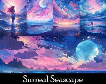12 Surreal Seascape Printable Backgrounds, Mobile And Desktop Wallpaper Bundle, Instant Download, Commercial Use, Digital Paper, Ephemera