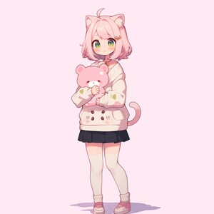 May include: A pink-haired anime girl with cat ears and a white sweater holding a pink teddy bear. She is wearing a black skirt, white tights, and pink sneakers.