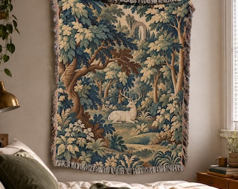 Stag Woven Blanket Tapestry with French Verdure Woodland Tableau in Vintage Ornamental Decor Style