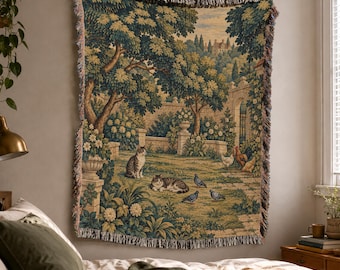 French Verdure Woven Blanket Tapestry with Farmhouse Garden Menagerie in Vintage Ornamental Tableau Style