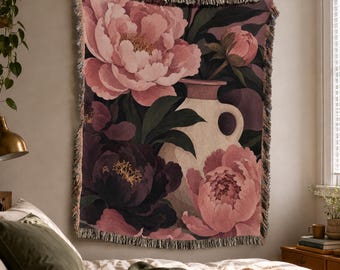 Peony Woven Blanket, Moody Cottagecore, Floral Wall Tapestry, Boho Throw, Romantic Decor