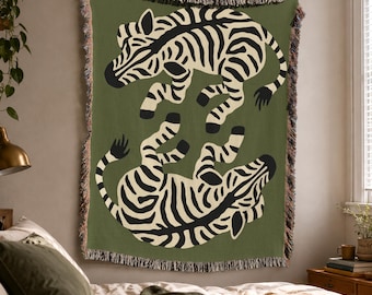 Zebra Woven Blanket, Modern Safari Decor, Animal Wall Tapestry, Boho Throw, Folk Cottagecore