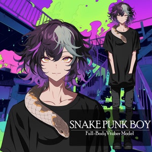 Premade Vtuber Model: Snake Punk Boy, Rigged Live2D Male Vtuber, OBS Studio, Streamlabs, PNGTuber, Cute, Kawaii,Chibi,Pixel,Instant Download