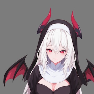 May include: An anime character with white hair and red eyes is dressed in a black and white nun's habit. The character has red wings and a black tail with a heart-shaped tip.