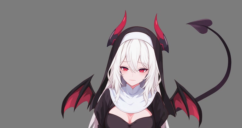 May include: An anime character with white hair and red eyes is dressed in a black and white nun's habit. The character has red wings and a black tail with a heart-shaped tip.