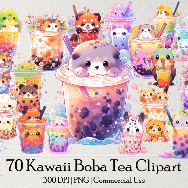 70 Kawaii Boba Tea Clipart Bundle, Bubble Tea Clipart, Sublimation, Digital Download, Commercial Use, Cute Boba Tea PNG, Bubble Tea Stickers