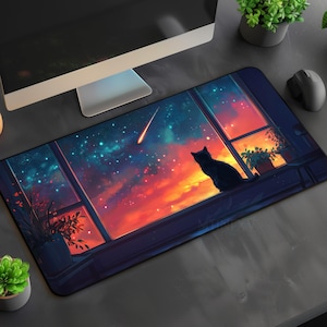 May include: A black cat sits by a window looking out at a starry night sky with a shooting star. The window is open and the cat is looking out at the night sky. The background is a colorful sunset.