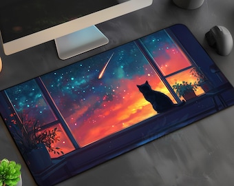 Lofi Cat Desk Mat, Cute Meteor Shower Mousepad,Kawaii Cyberpunk MTG Playmat,Relax Serene Cozy Anime Witchy Botanical Cottagecore Office Gift