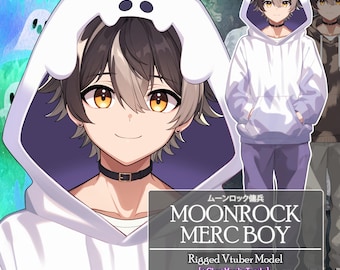 Premade Vtuber: Moonrock Merc Boy With Ghost Hoodie Outfit,Rigged Live2D Vtuber Model,Customizable Wolf Fox Cat Chibi Duck Vtuber Halloween