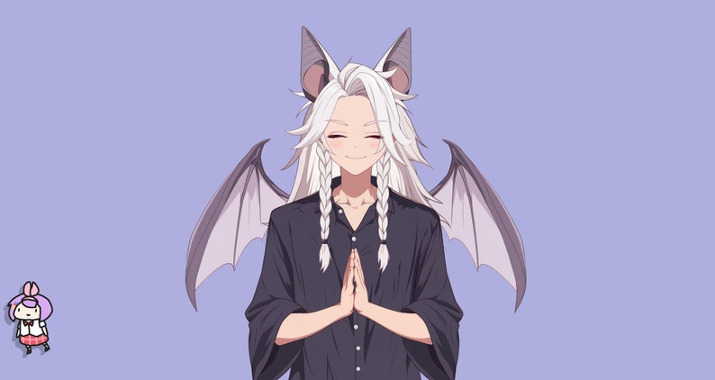 Op de afbeelding: Een anime-personage met wit haar en vleermuisoren en -vleugels, die een zwart knoopshirt draagt, glimlacht en zijn handen in een gebedspositie bij elkaar houdt.