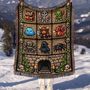 May include: A pixelated throw blanket featuring a grid of fantasy game characters, including a treasure chest, skeleton, and dragon. The blanket has a stone wall design at the bottom with torches and a fringe border. The color palette includes brown, black, green, and various other colors.