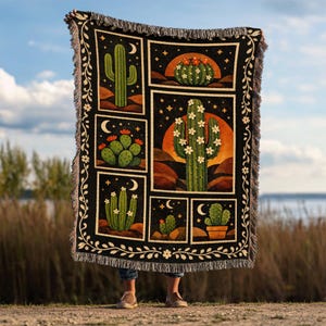 Cactus Dream Woven Blanket, Western Folk Floral Tapestry, Whimsical Sofa Bed Cover Reading Throw