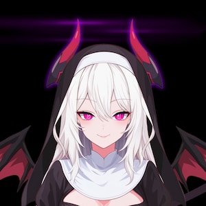 May include: An anime character with white hair, red horns and a black and white nun's habit. The character has pink eyes and a mischievous smile.