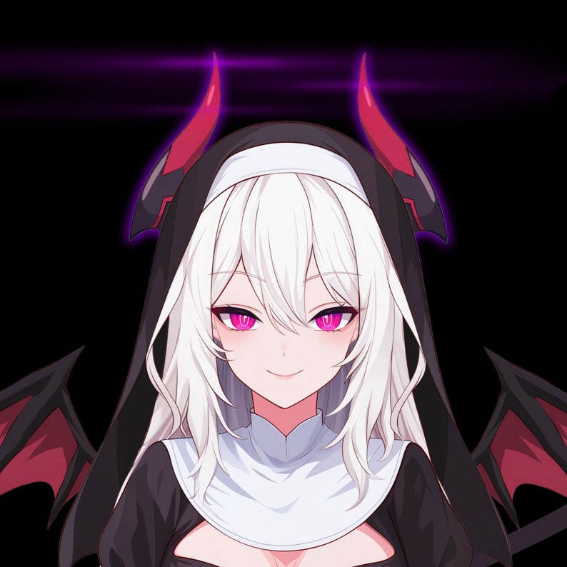 May include: An anime character with white hair, red horns and a black and white nun's habit. The character has pink eyes and a mischievous smile.