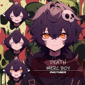 May include: A digital illustration of a cartoon character with purple hair, orange eyes, and a skull accessory. The character is wearing a black jacket with a red scarf. The text "DEATH MERC BOY PNGTUBER" is below the character.