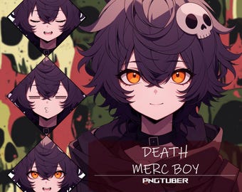 Puede incluir: Una ilustración digital de un personaje de dibujos animados con cabello morado, ojos naranjas y un accesorio de cráneo. El personaje lleva una chaqueta negra con una bufanda roja. El texto "DEATH MERC BOY PNGTUBER" está debajo del personaje.